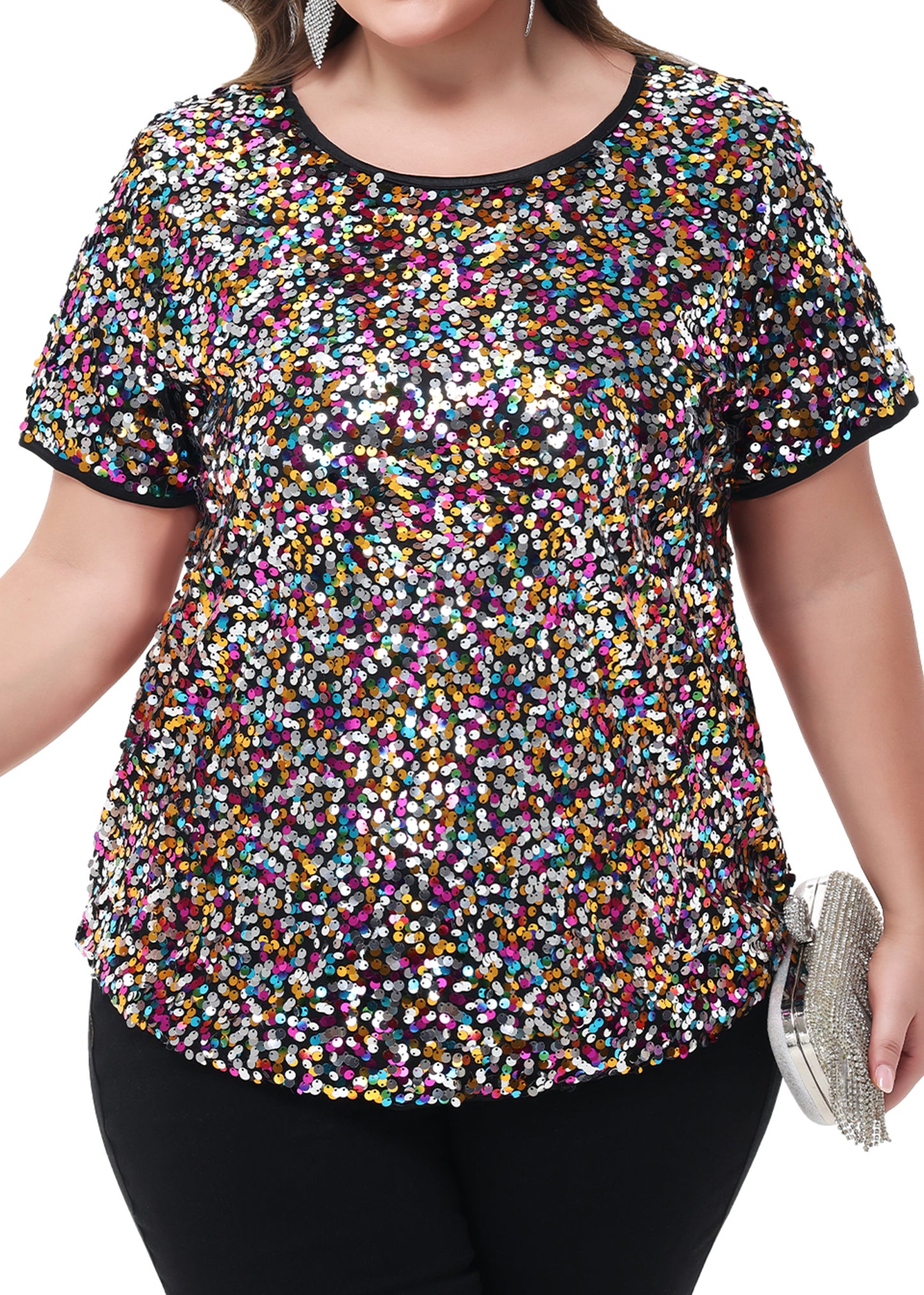 Anna-Kaci Womens Sequin Tops Plus Size Round Neck Sparkle Glitter Short Sleeve Party Tunic Blouse