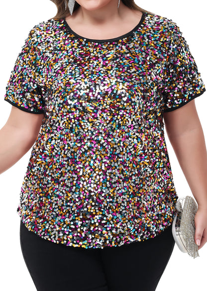Anna-Kaci Womens Sequin Tops Plus Size Round Neck Sparkle Glitter Short Sleeve Party Tunic Blouse