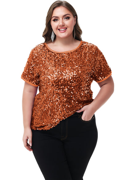 Anna-Kaci Womens Sequin Tops Plus Size Round Neck Sparkle Glitter Short Sleeve Party Tunic Blouse