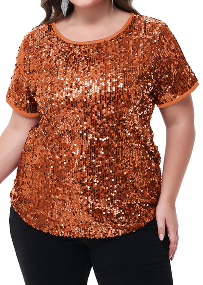 Anna-Kaci Womens Sequin Tops Plus Size Round Neck Sparkle Glitter Short Sleeve Party Tunic Blouse