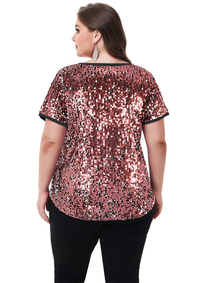 Anna-Kaci Womens Sequin Tops Plus Size Round Neck Sparkle Glitter Short Sleeve Party Tunic Blouse
