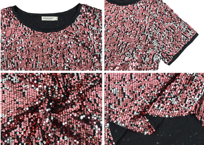 Anna-Kaci Womens Sequin Tops Plus Size Round Neck Sparkle Glitter Short Sleeve Party Tunic Blouse