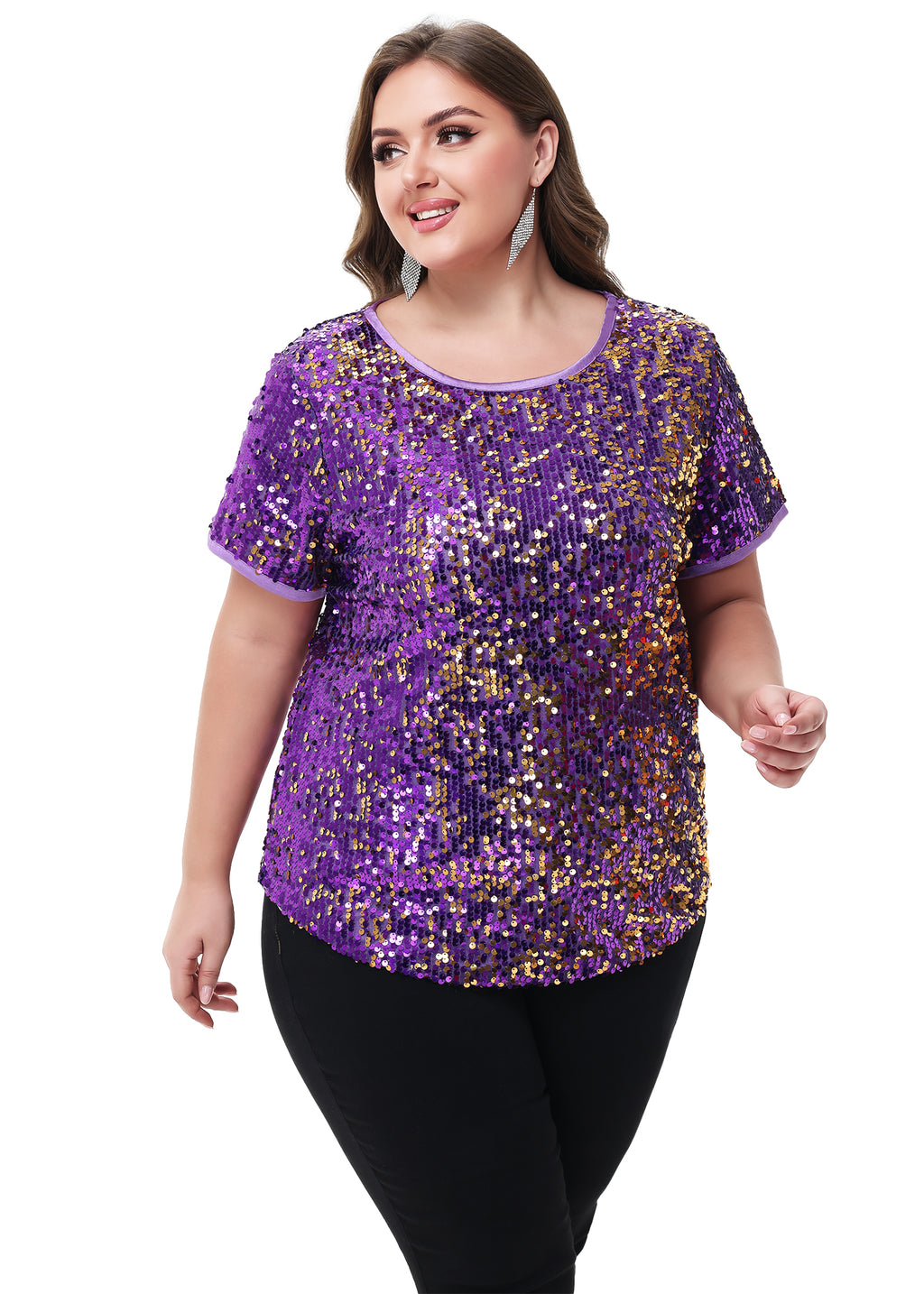 Blusa tipo túnica de fiesta de manga corta con cuello redondo y brillos brillantes para mujer de Anna-Kaci