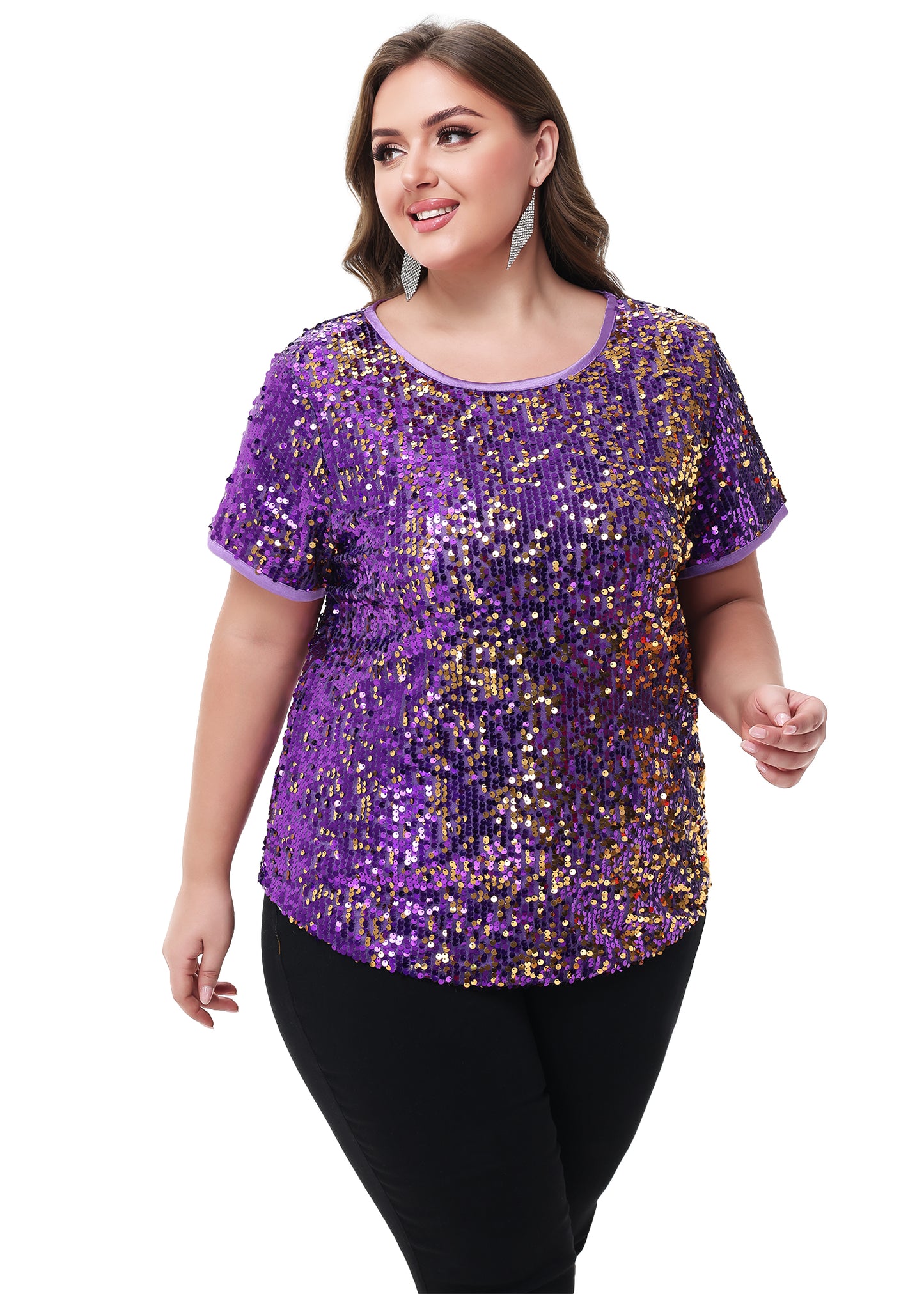 Anna-Kaci Womens Sequin Tops Plus Size Round Neck Sparkle Glitter Short Sleeve Party Tunic Blouse