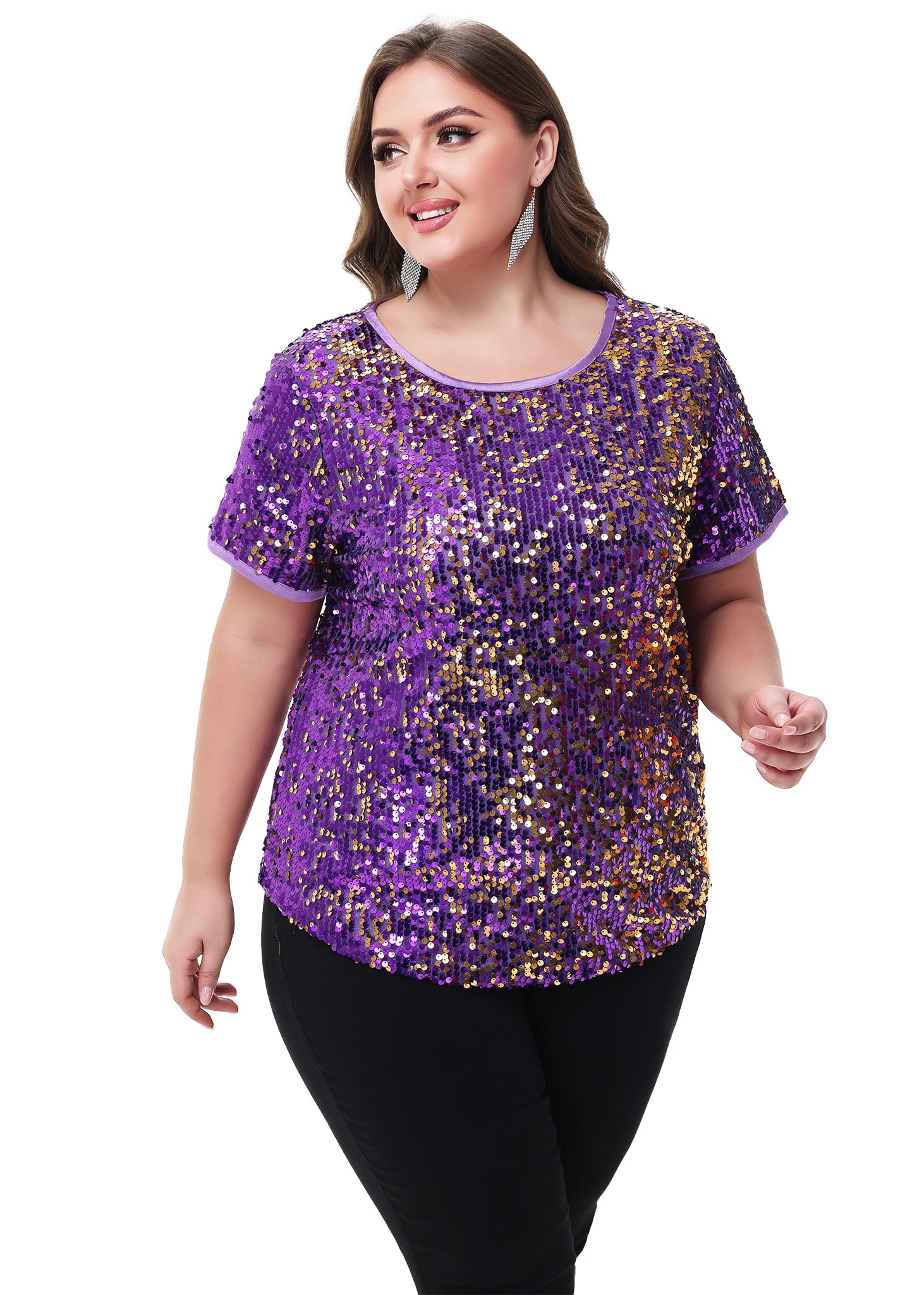 Blusa tipo túnica de fiesta de manga corta con cuello redondo y brillos brillantes para mujer de Anna-Kaci