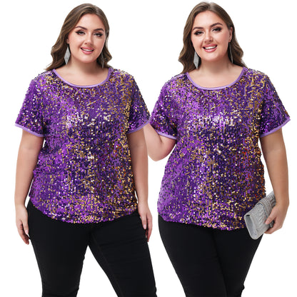 Anna-Kaci Womens Sequin Tops Plus Size Round Neck Sparkle Glitter Short Sleeve Party Tunic Blouse
