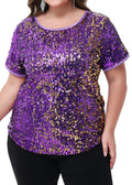 Anna-Kaci Womens Sequin Tops Plus Size Round Neck Sparkle Glitter Short Sleeve Party Tunic Blouse