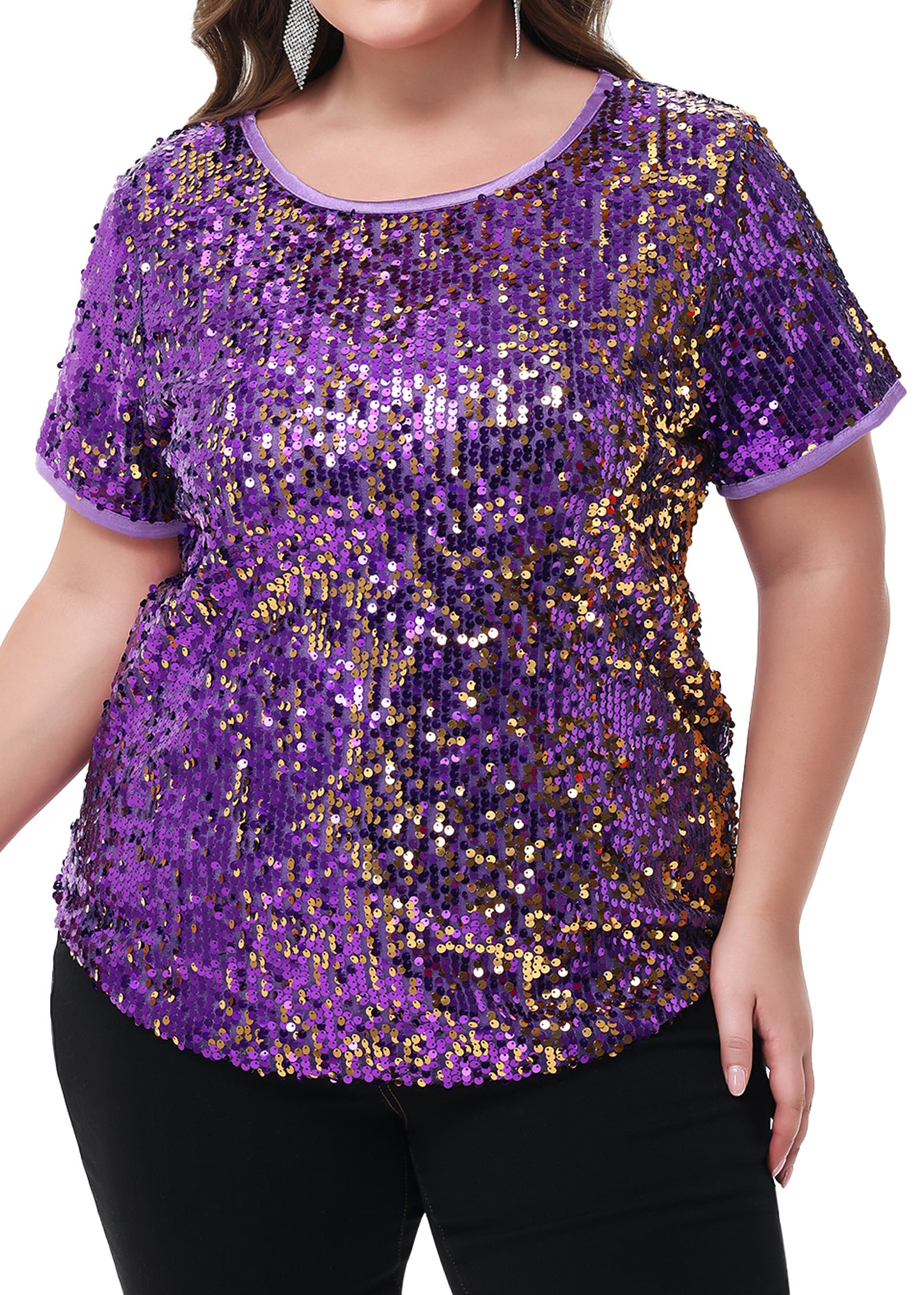 Anna-Kaci Womens Sequin Tops Plus Size Round Neck Sparkle Glitter Short Sleeve Party Tunic Blouse