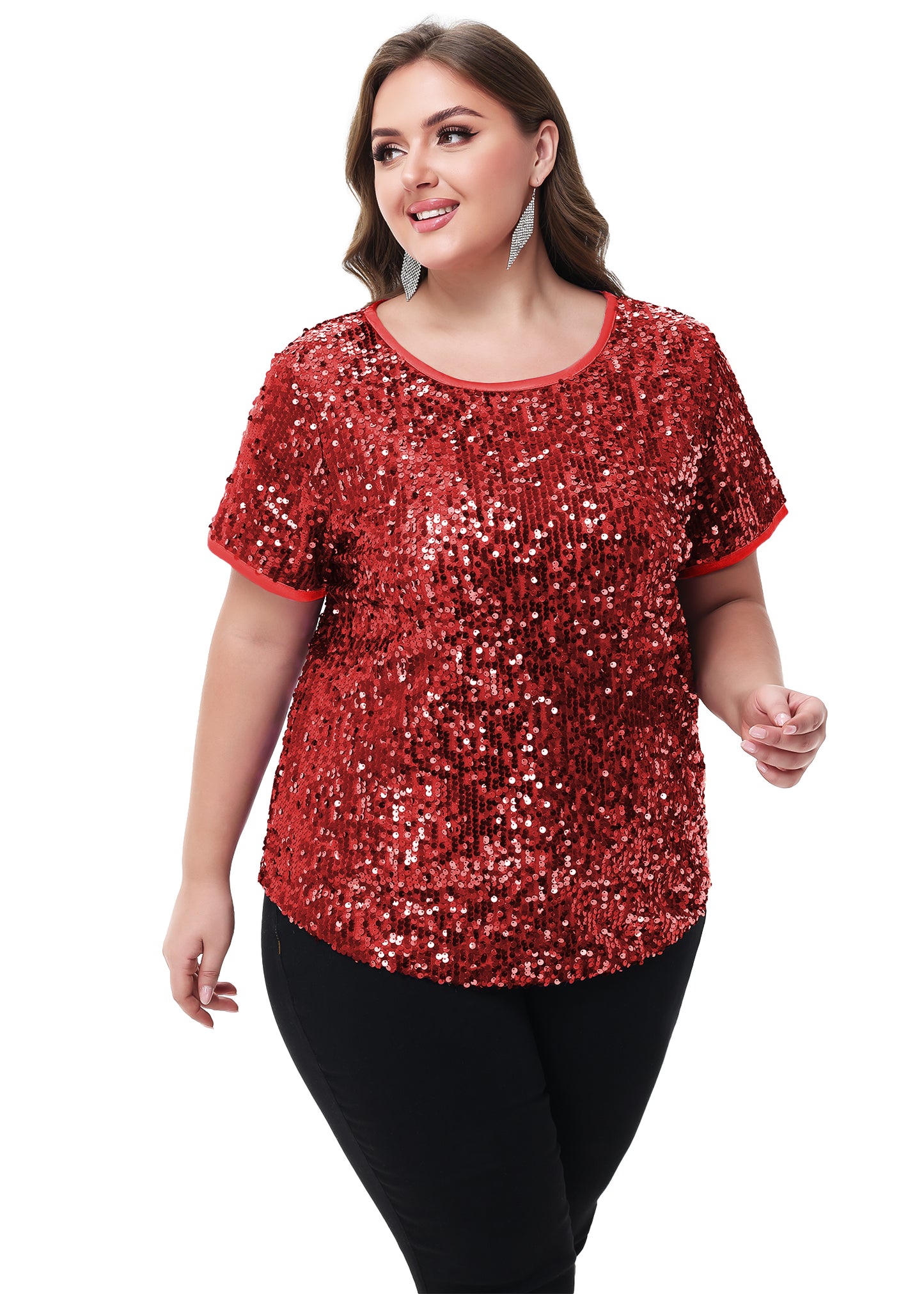 Anna-Kaci Womens Sequin Tops Plus Size Round Neck Sparkle Glitter Short Sleeve Party Tunic Blouse