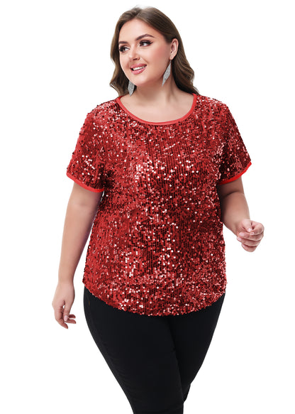 Anna-Kaci Womens Sequin Tops Plus Size Round Neck Sparkle Glitter Short Sleeve Party Tunic Blouse