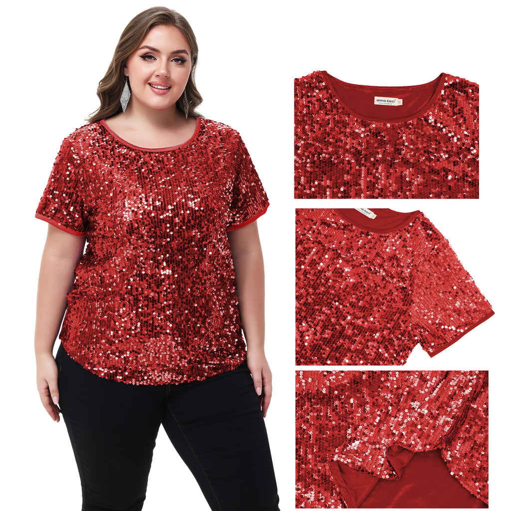 Blusa tipo túnica de fiesta de manga corta con cuello redondo y brillos brillantes para mujer de Anna-Kaci