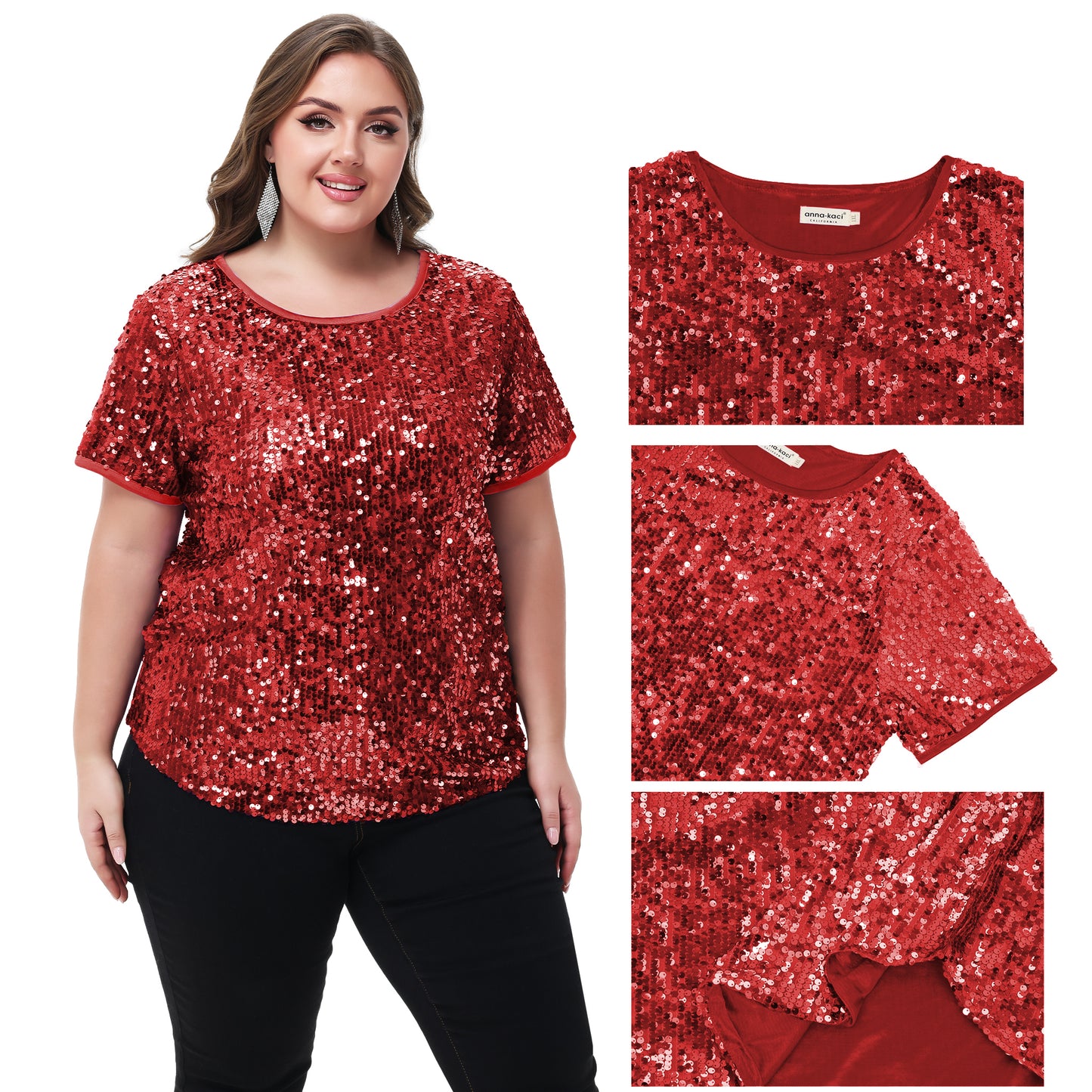 Anna-Kaci Womens Sequin Tops Plus Size Round Neck Sparkle Glitter Short Sleeve Party Tunic Blouse