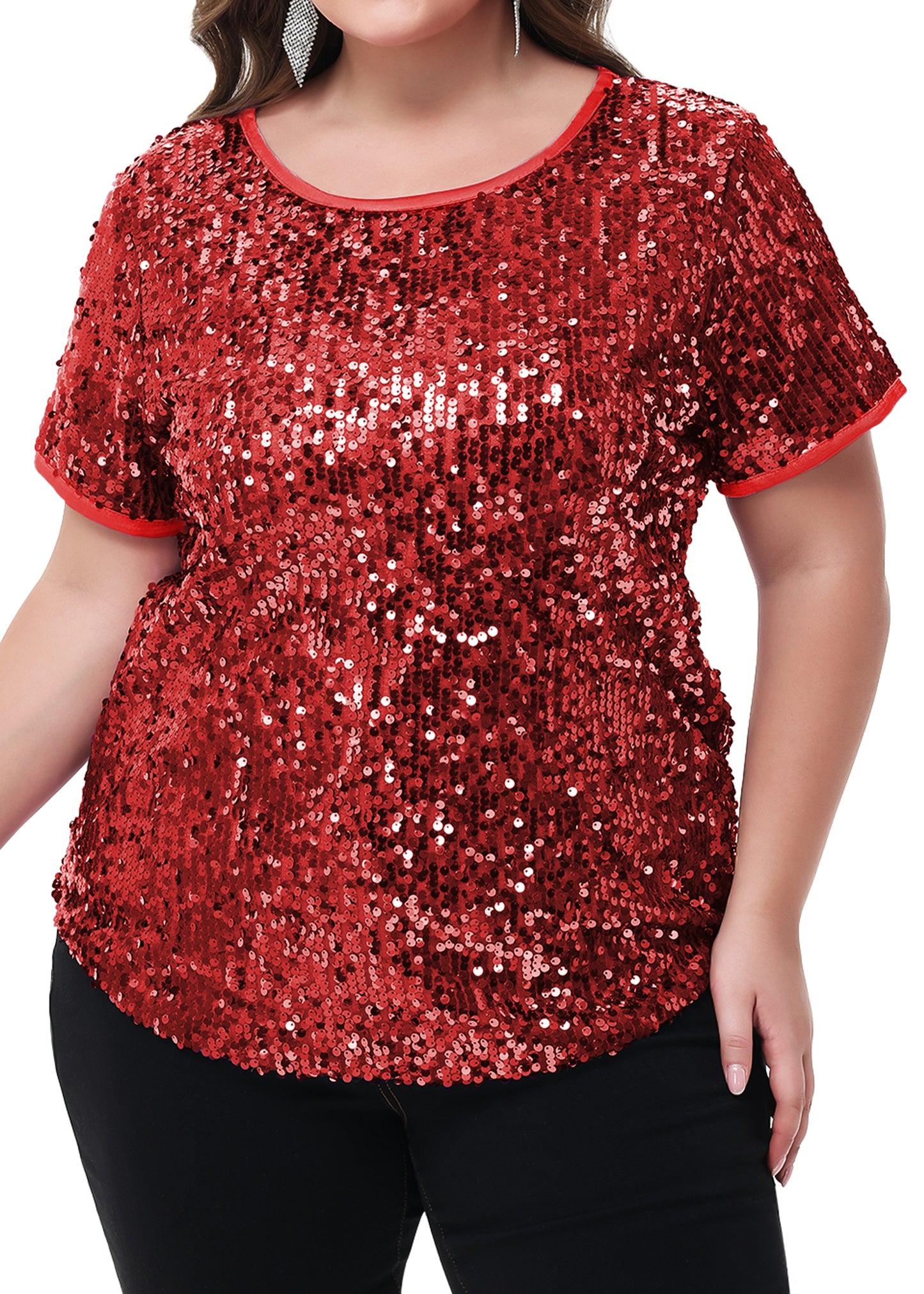 Anna-Kaci Womens Sequin Tops Plus Size Round Neck Sparkle Glitter Short Sleeve Party Tunic Blouse