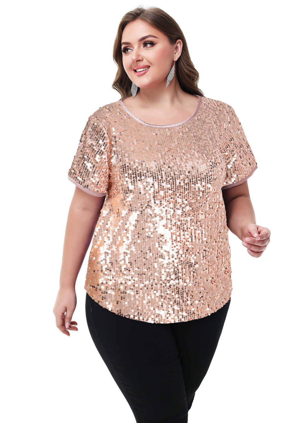 Blusa tipo túnica de fiesta de manga corta con cuello redondo y brillos brillantes para mujer de Anna-Kaci