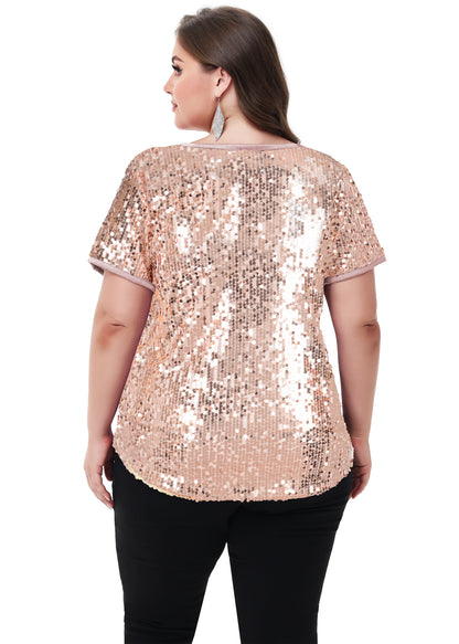 Anna-Kaci Womens Sequin Tops Plus Size Round Neck Sparkle Glitter Short Sleeve Party Tunic Blouse