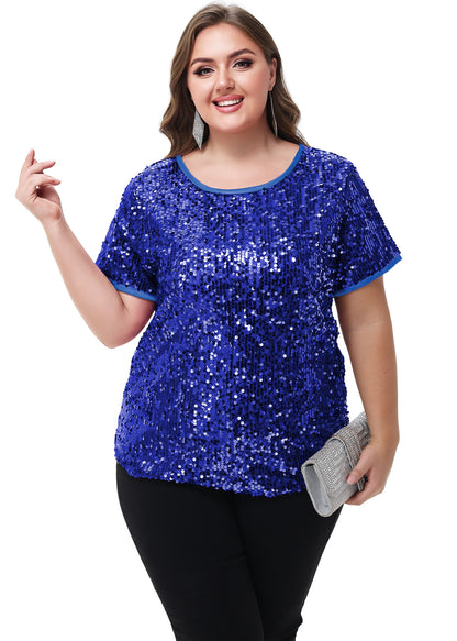 Anna-Kaci Womens Sequin Tops Plus Size Round Neck Sparkle Glitter Short Sleeve Party Tunic Blouse