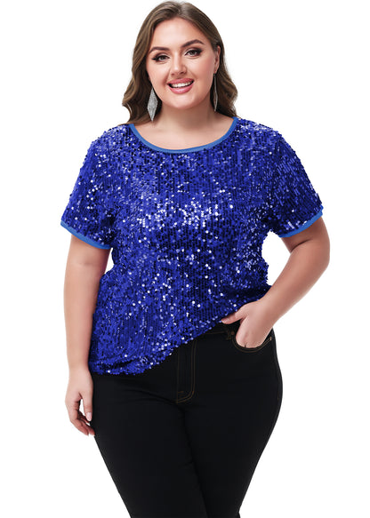 Anna-Kaci Womens Sequin Tops Plus Size Round Neck Sparkle Glitter Short Sleeve Party Tunic Blouse