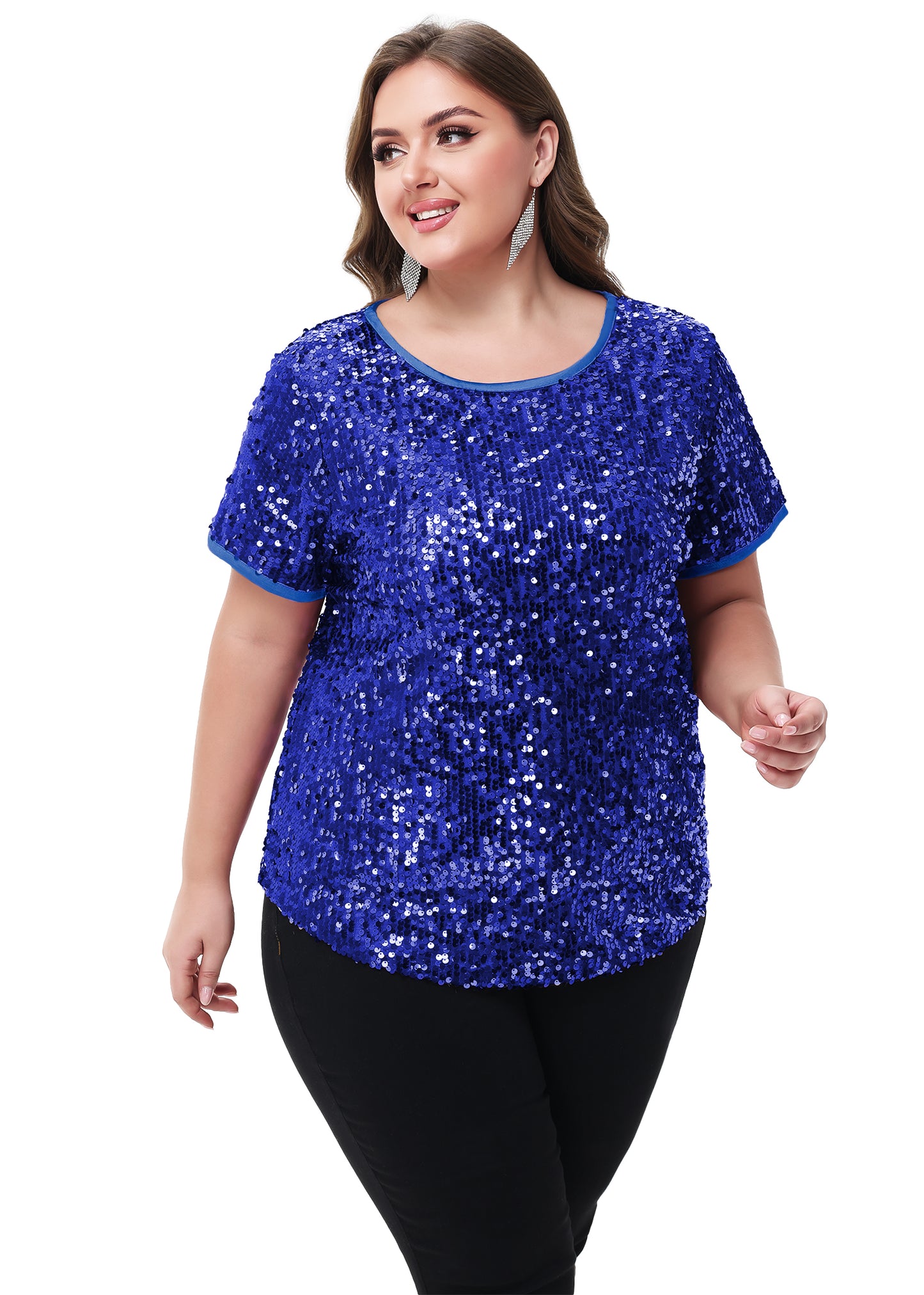 Anna-Kaci Womens Sequin Tops Plus Size Round Neck Sparkle Glitter Short Sleeve Party Tunic Blouse