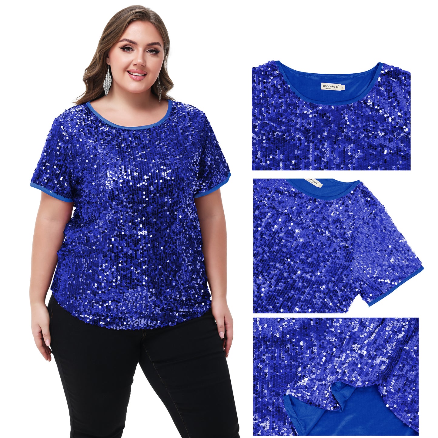 Anna-Kaci Womens Sequin Tops Plus Size Round Neck Sparkle Glitter Short Sleeve Party Tunic Blouse