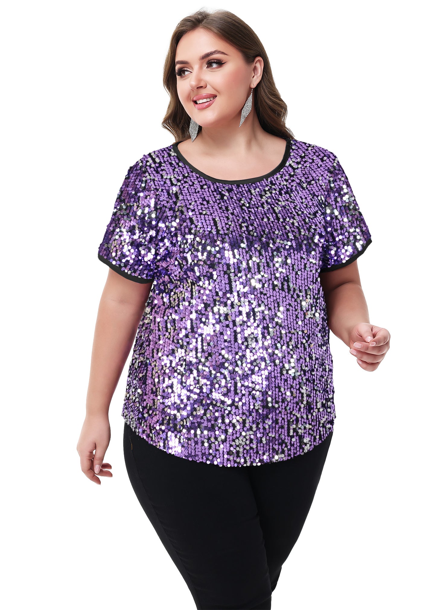 Anna-Kaci Womens Sequin Tops Plus Size Round Neck Sparkle Glitter Short Sleeve Party Tunic Blouse