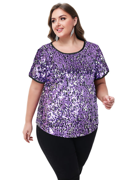 Anna-Kaci Womens Sequin Tops Plus Size Round Neck Sparkle Glitter Short Sleeve Party Tunic Blouse