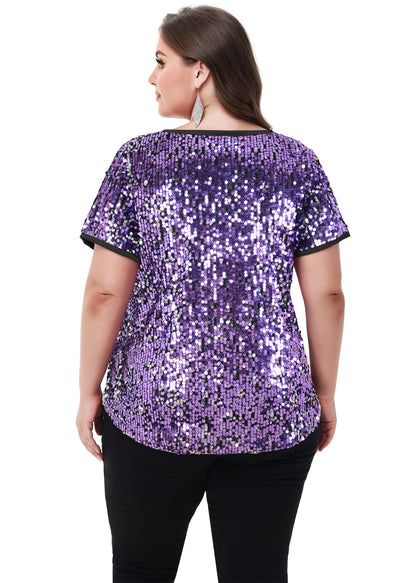 Anna-Kaci Womens Sequin Tops Plus Size Round Neck Sparkle Glitter Short Sleeve Party Tunic Blouse