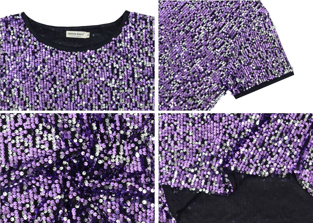Blusa tipo túnica de fiesta de manga corta con cuello redondo y brillos brillantes para mujer de Anna-Kaci