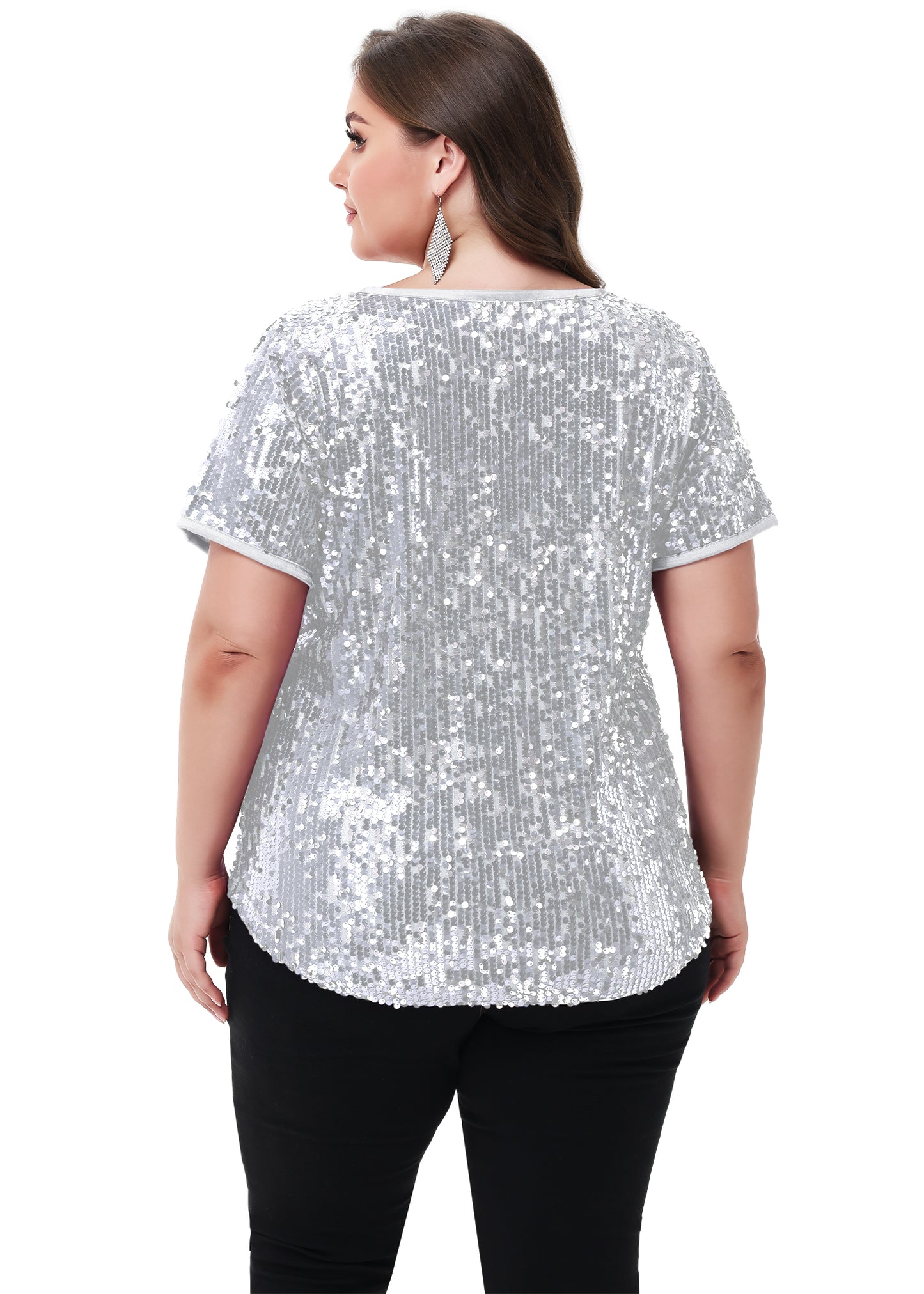 Anna-Kaci Womens Sequin Tops Plus Size Round Neck Sparkle Glitter Short Sleeve Party Tunic Blouse