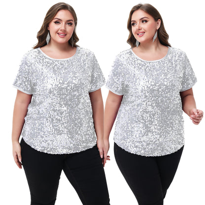 Anna-Kaci Womens Sequin Tops Plus Size Round Neck Sparkle Glitter Short Sleeve Party Tunic Blouse