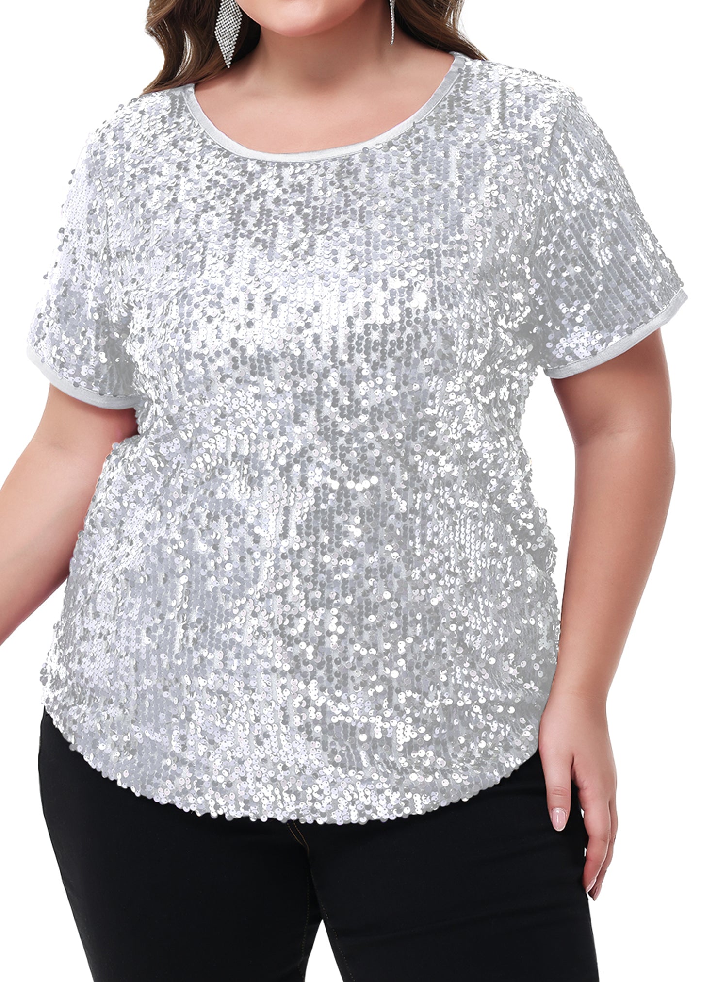 Anna-Kaci Womens Sequin Tops Plus Size Round Neck Sparkle Glitter Short Sleeve Party Tunic Blouse
