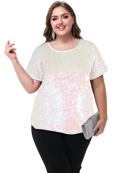 Anna-Kaci Womens Sequin Tops Plus Size Round Neck Sparkle Glitter Short Sleeve Party Tunic Blouse