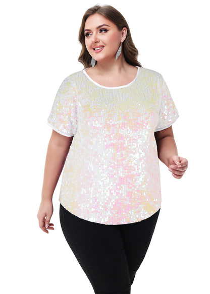 Anna-Kaci Womens Sequin Tops Plus Size Round Neck Sparkle Glitter Short Sleeve Party Tunic Blouse