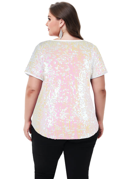 Anna-Kaci Womens Sequin Tops Plus Size Round Neck Sparkle Glitter Short Sleeve Party Tunic Blouse