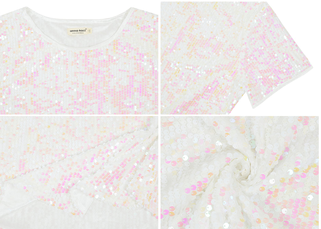 Blusa tipo túnica de fiesta de manga corta con cuello redondo y brillos brillantes para mujer de Anna-Kaci