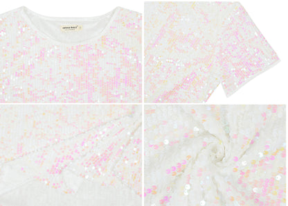 Anna-Kaci Womens Sequin Tops Plus Size Round Neck Sparkle Glitter Short Sleeve Party Tunic Blouse