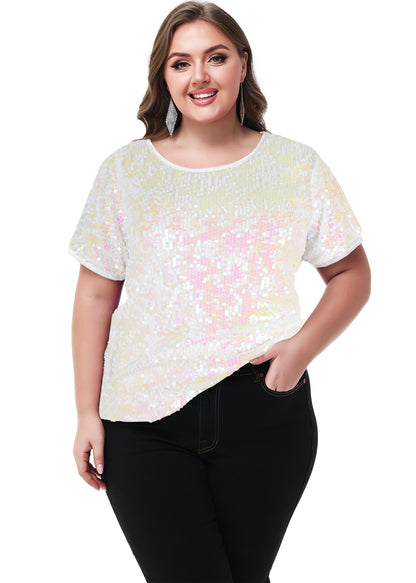 Anna-Kaci Womens Sequin Tops Plus Size Round Neck Sparkle Glitter Short Sleeve Party Tunic Blouse