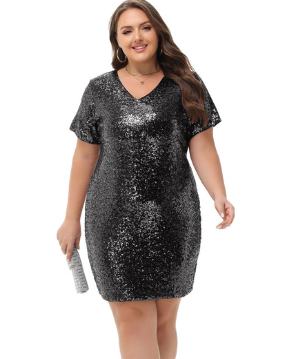 Anna-Kaci Womens Plus Size Short Sleeve Sequin Dresses V Neck T Shirt Shift Sparkle Dress