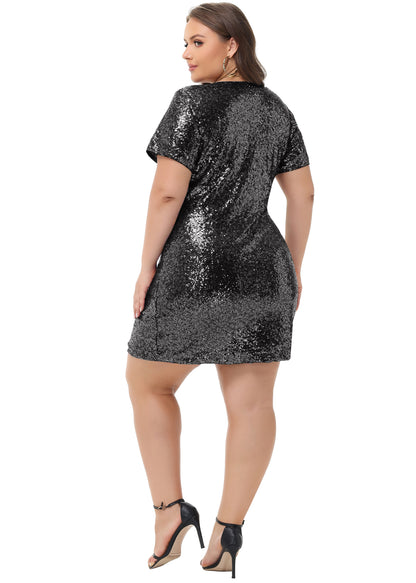 Anna-Kaci Womens Plus Size Short Sleeve Sequin Dresses V Neck T Shirt Shift Sparkle Dress