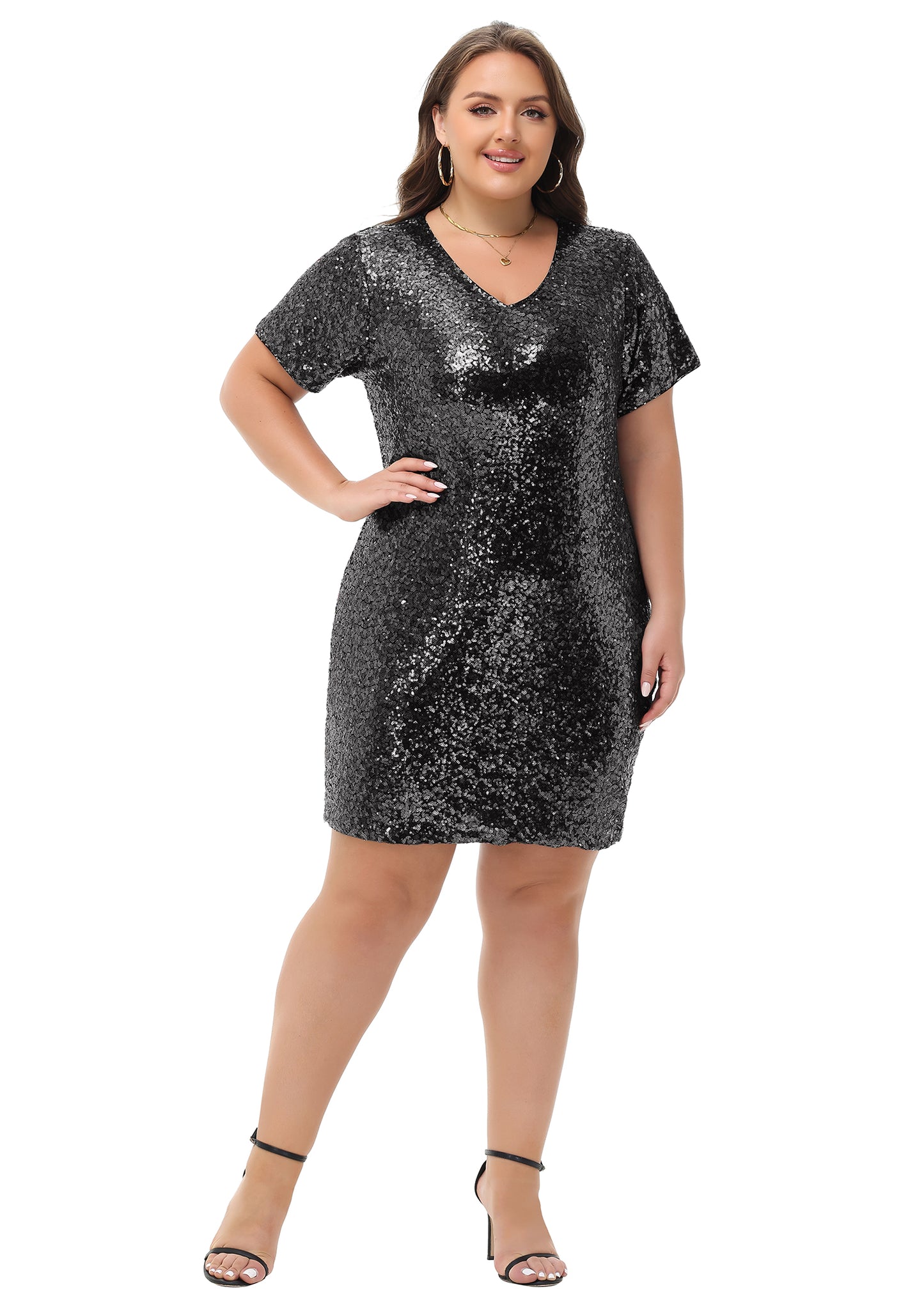 Anna-Kaci Womens Plus Size Short Sleeve Sequin Dresses V Neck T Shirt Shift Sparkle Dress