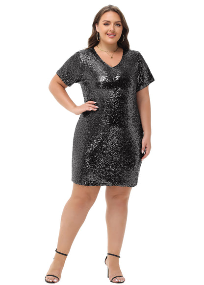 Anna-Kaci Womens Plus Size Short Sleeve Sequin Dresses V Neck T Shirt Shift Sparkle Dress