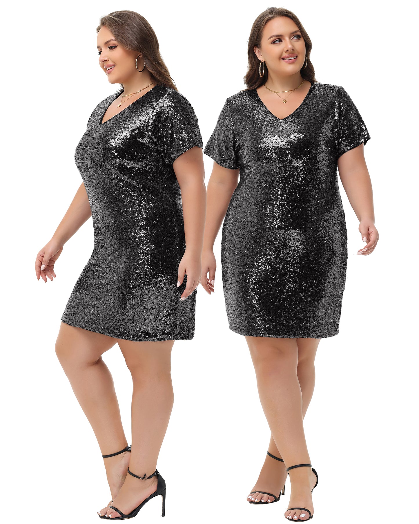 Anna-Kaci Womens Plus Size Short Sleeve Sequin Dresses V Neck T Shirt Shift Sparkle Dress