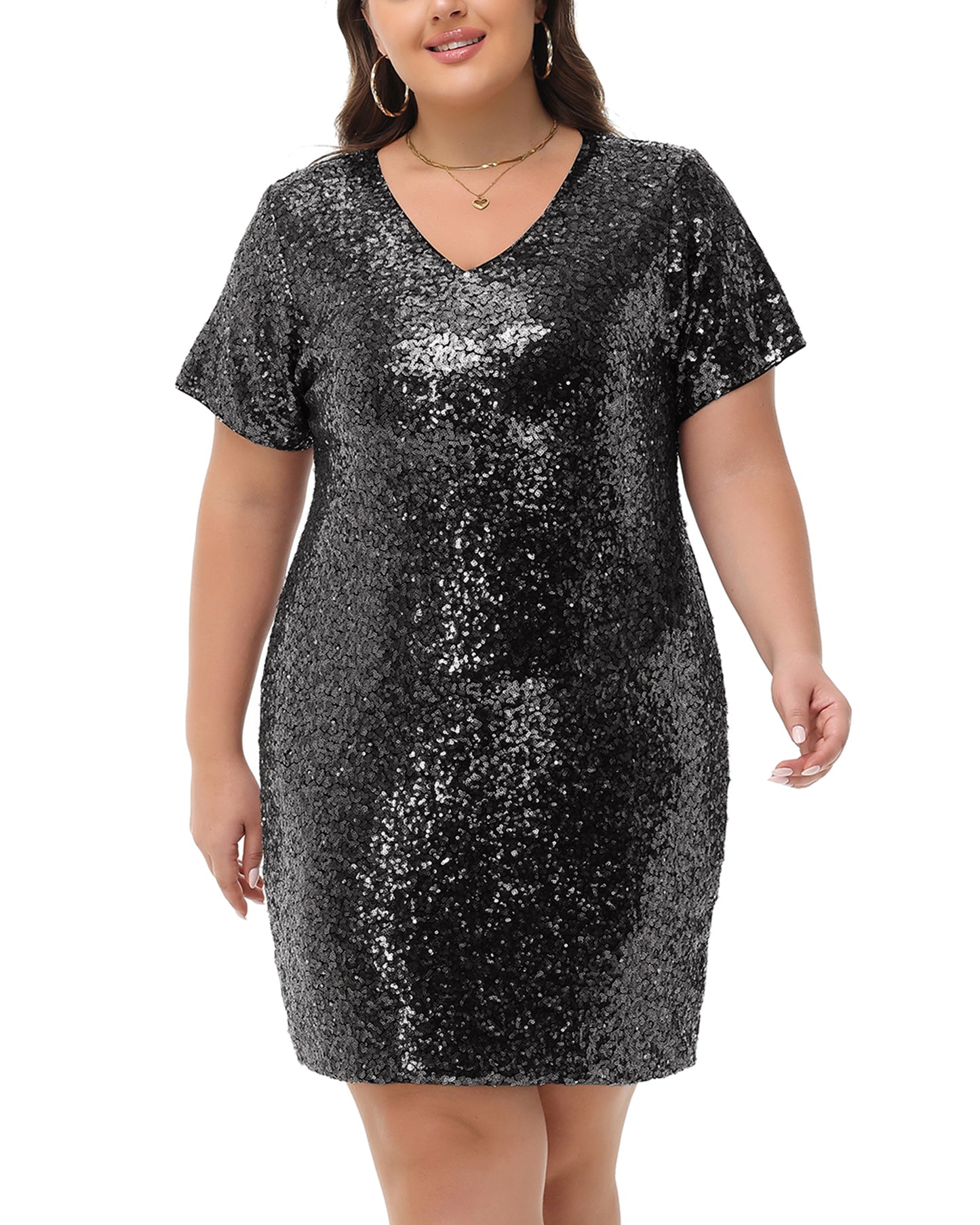 Anna-Kaci Womens Plus Size Short Sleeve Sequin Dresses V Neck T Shirt Shift Sparkle Dress