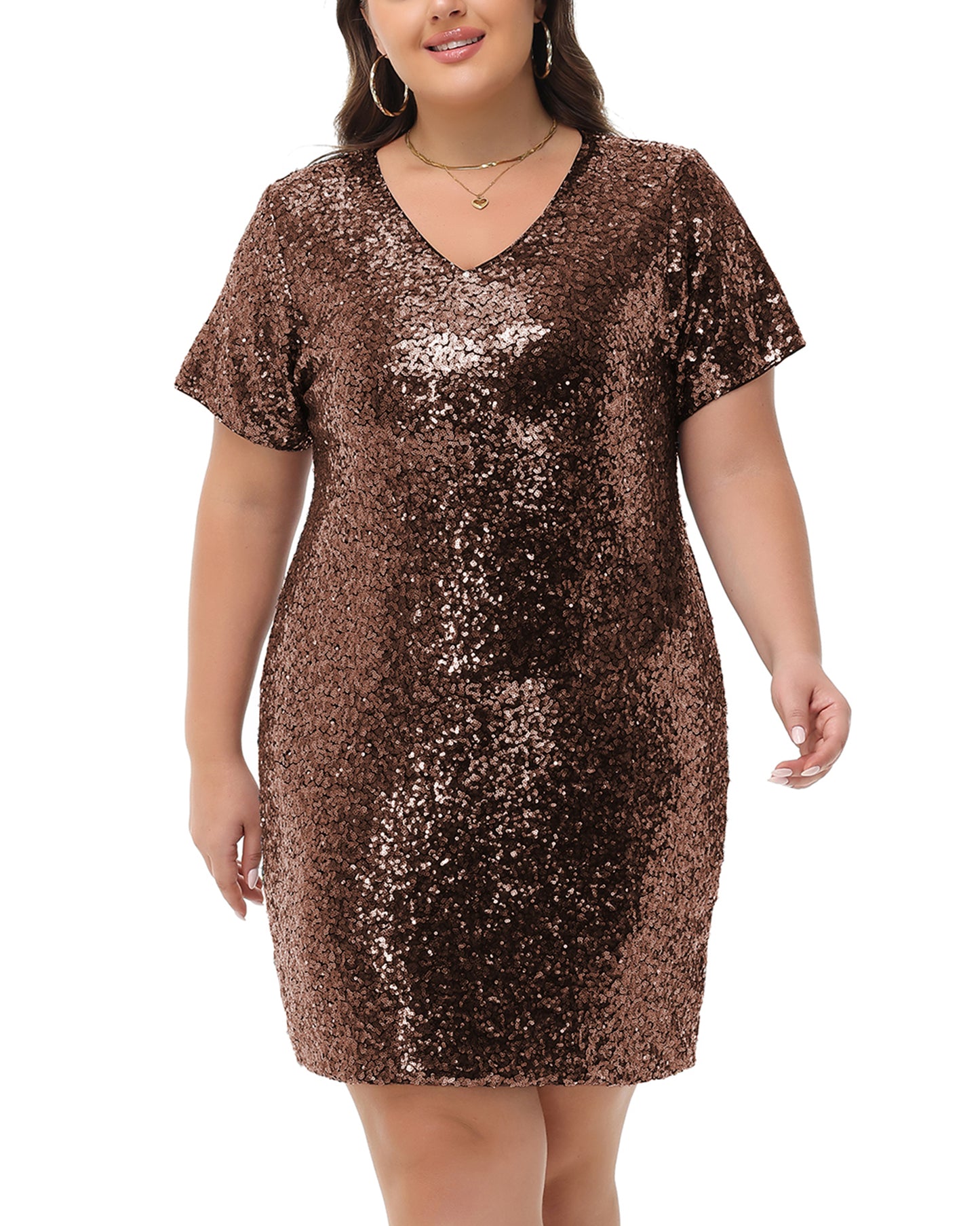 Anna-Kaci Womens Plus Size Short Sleeve Sequin Dresses V Neck T Shirt Shift Sparkle Dress