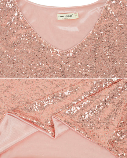 Anna-Kaci Womens Plus Size Short Sleeve Sequin Dresses V Neck T Shirt Shift Sparkle Dress