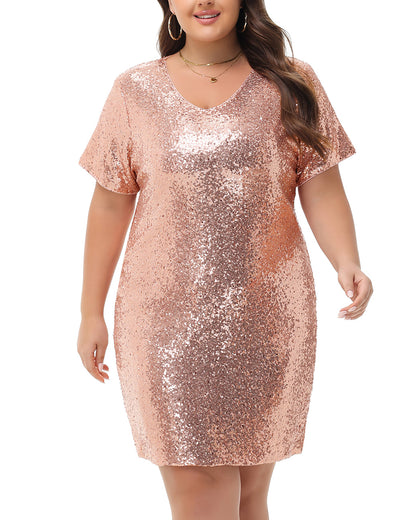 Anna-Kaci Womens Plus Size Short Sleeve Sequin Dresses V Neck T Shirt Shift Sparkle Dress