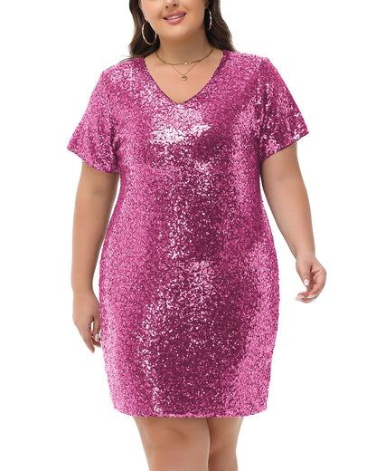 Anna-Kaci Womens Plus Size Short Sleeve Sequin Dresses V Neck T Shirt Shift Sparkle Dress