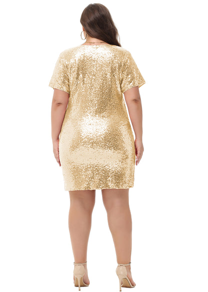 Anna-Kaci Womens Plus Size Short Sleeve Sequin Dresses V Neck T Shirt Shift Sparkle Dress