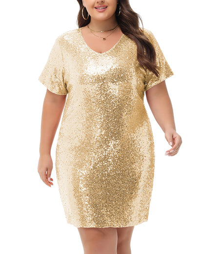 Anna-Kaci Womens Plus Size Short Sleeve Sequin Dresses V Neck T Shirt Shift Sparkle Dress