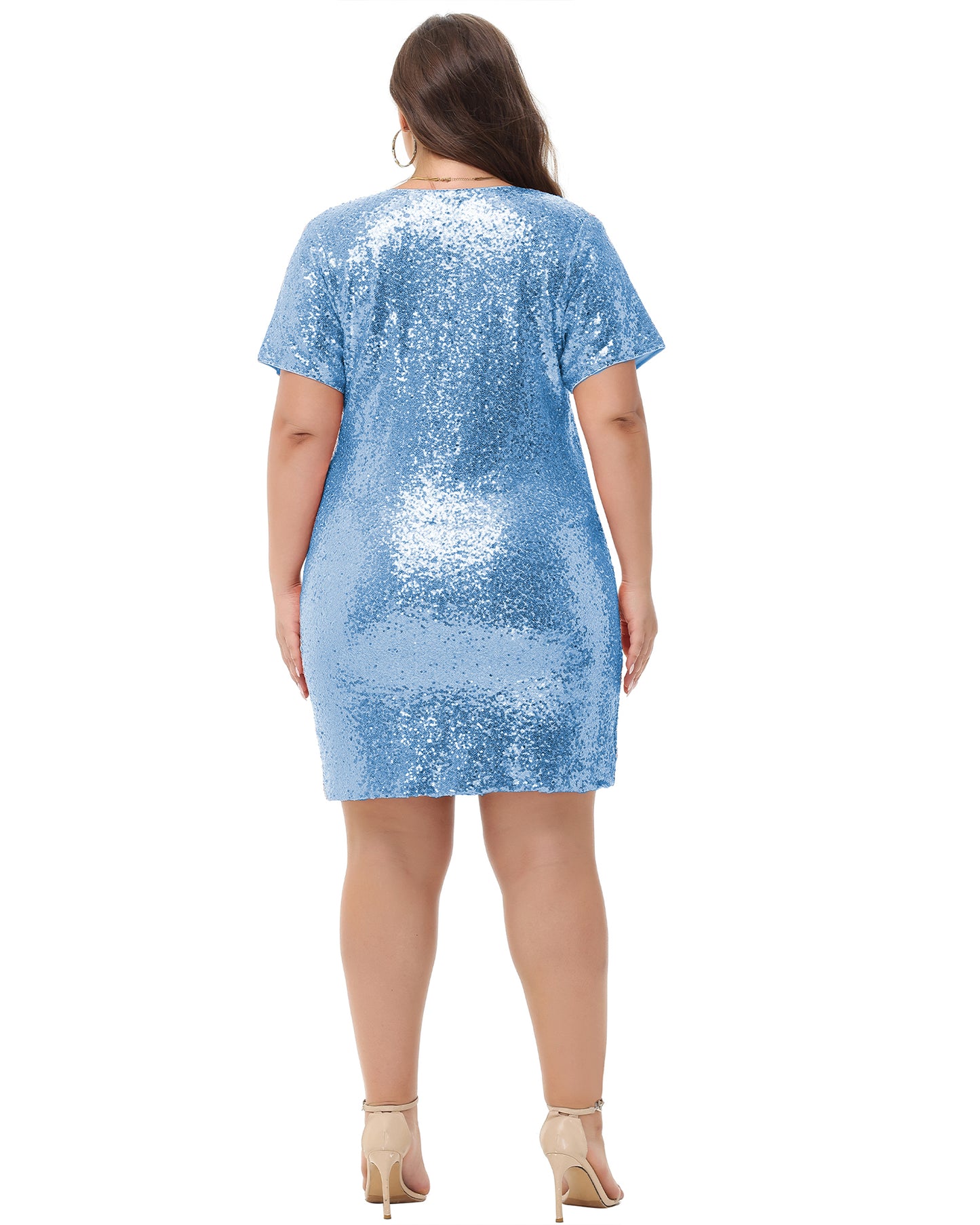 Anna-Kaci Womens Plus Size Short Sleeve Sequin Dresses V Neck T Shirt Shift Sparkle Dress