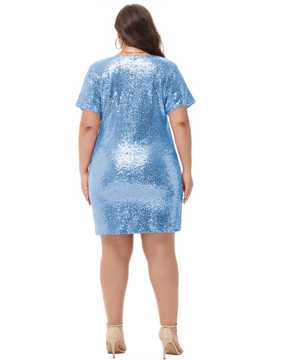 Anna-Kaci Womens Plus Size Short Sleeve Sequin Dresses V Neck T Shirt Shift Sparkle Dress